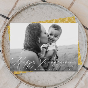 Happy Thanksgiving Script Gold Plaid Photo Holiday Card