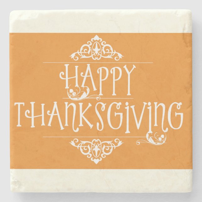 Happy Thanksgiving Script Orange Stone Coaster (Front)