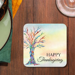 Happy Thanksgiving Square Paper Coaster<br><div class="desc">These Happy Thanksgiving paper coasters are decorated with a colourful mosaic family tree on a watercolor background. 
Original Mosaic and Watercolor © Michele Davies.</div>