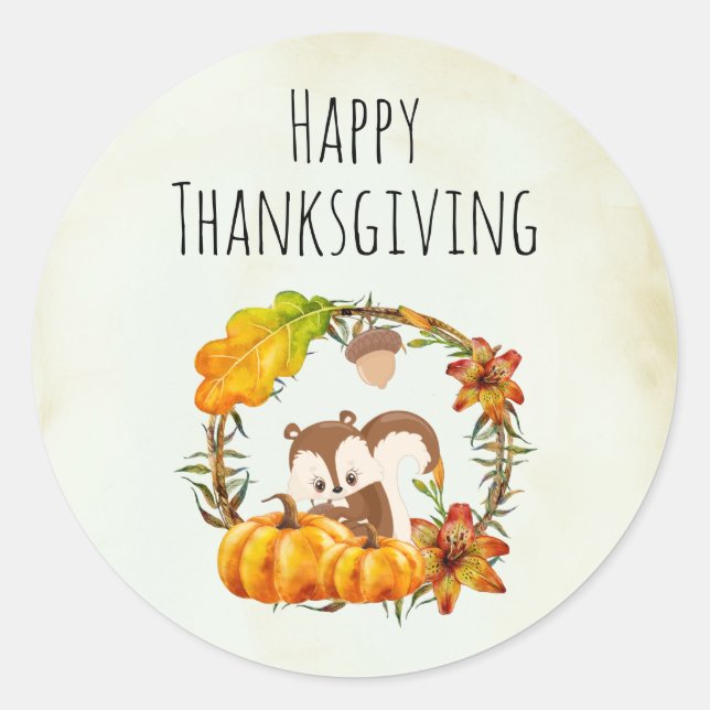 Happy Thanksgiving Squirrel and Pumpkins Rustic Classic Round Sticker (Front)
