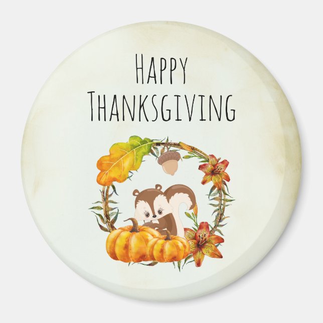 Happy Thanksgiving Squirrel in Floral Wreath Fall Magnet (Front)