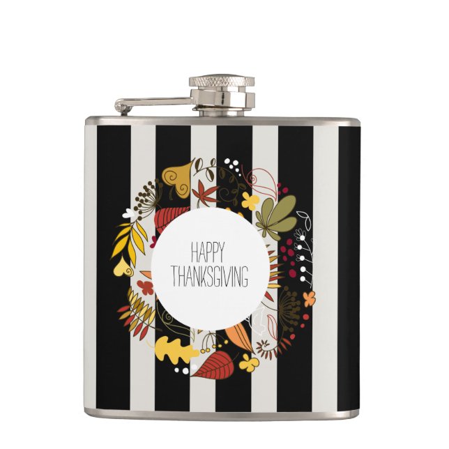 Happy Thanksgiving Stripes And Wreath Hip Flask (Front)