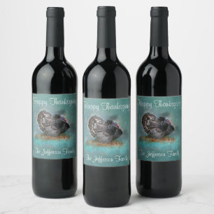 Happy Thanksgiving Teal Turkey Family Name Wine Label