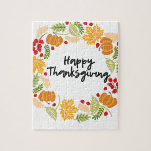 HAPPY THANKSGIVING, Thanksgiving Wreath, Cute Jigsaw Puzzle