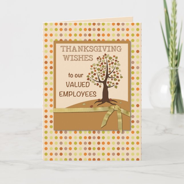 Happy Thanksgiving to Employees Dots and Tree Holiday Card (Front)
