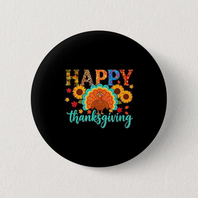 Happy Thanksgiving Turkey &amp; Sunflower, Thanksg 6 Cm Round Badge (Front)