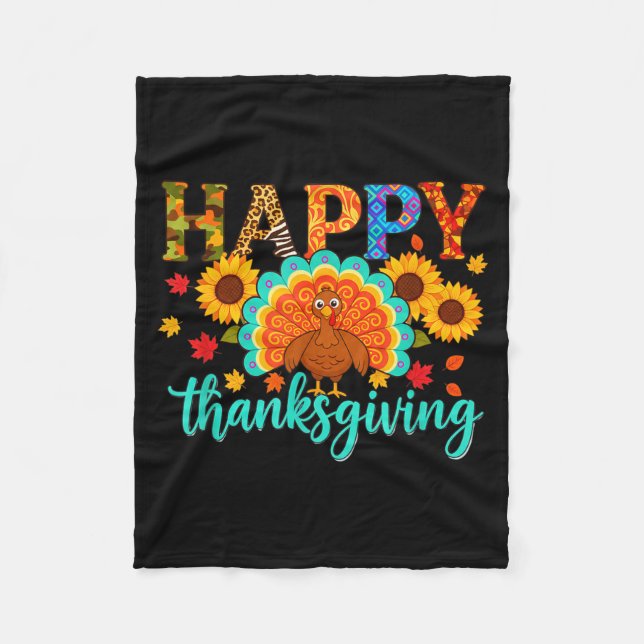 Happy Thanksgiving Turkey &amp; Sunflower, Thanksg Fleece Blanket (Front)