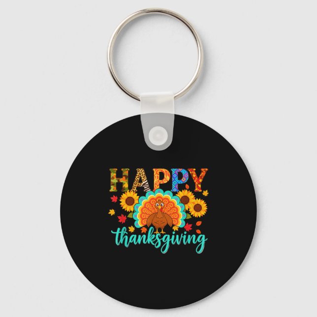 Happy Thanksgiving Turkey &amp; Sunflower, Thanksg Key Ring (Front)