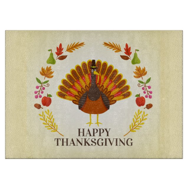 Happy Thanksgiving Turkey and Autumn Foliage Cutting Board (Front)