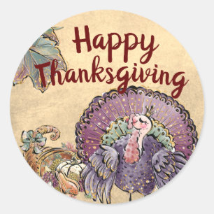 Happy Thanksgiving Turkey and Cornucopia Classic Round Sticker