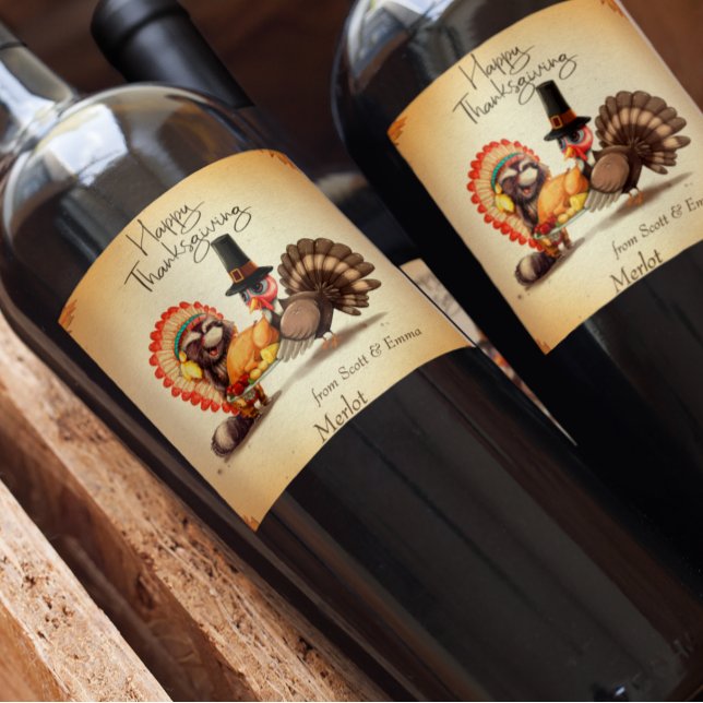 Happy Thanksgiving Turkey Animals Gift Wine Label (Creator Uploaded)