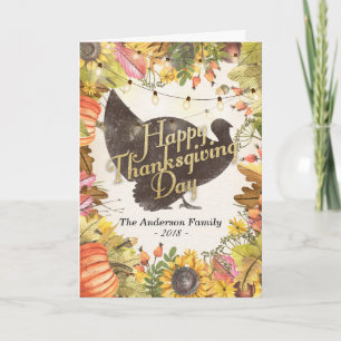 Happy Thanksgiving Turkey Autumn Leaves Pumpkins Holiday Card