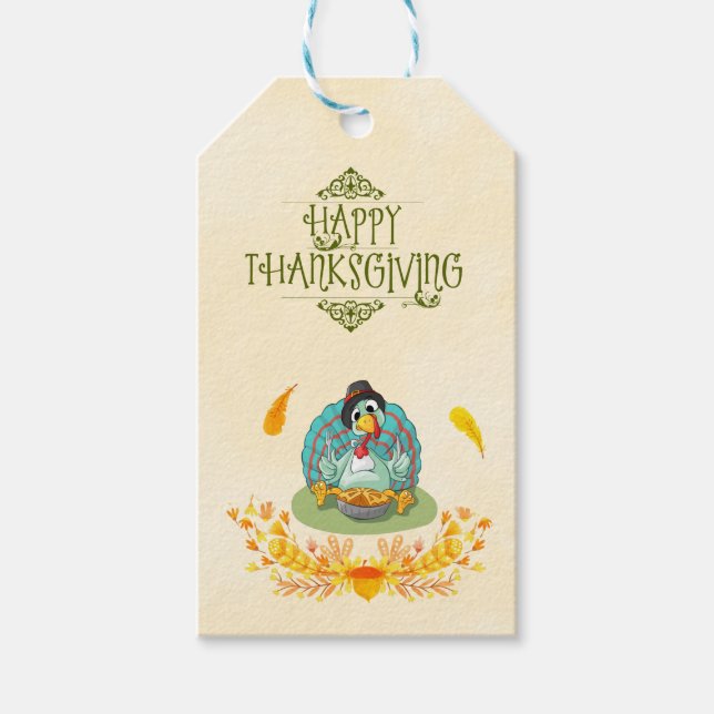Happy Thanksgiving Turkey Eating Pumpkin Pie Gift Tags (Front)