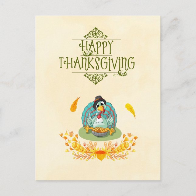 Happy Thanksgiving Turkey Eating Pumpkin Pie Holiday Postcard (Front)