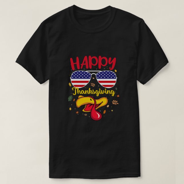 Happy Thanksgiving Turkey Face US Flag Funny Thank T-Shirt (Design Front)