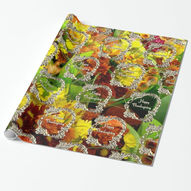 Happy Thanksgiving Turkey Floral Autumn Flowers Wrapping Paper (Unrolled)