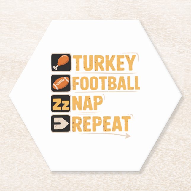 Happy Thanksgiving Turkey Football Nap Repeat Funn Paper Coaster (Front)