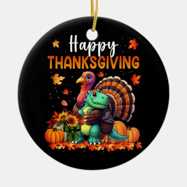 Happy Thanksgiving Turkey Hugging Dinosaur Friends Ceramic Tree Decoration (Front)