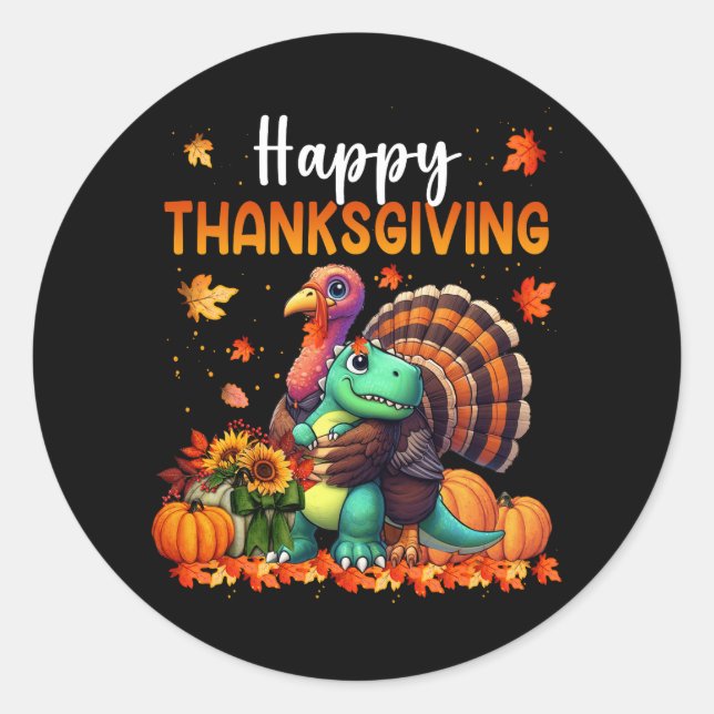 Happy Thanksgiving Turkey Hugging Dinosaur Friends Classic Round Sticker (Front)