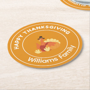 Happy Thanksgiving turkey orange Round Paper Coaster