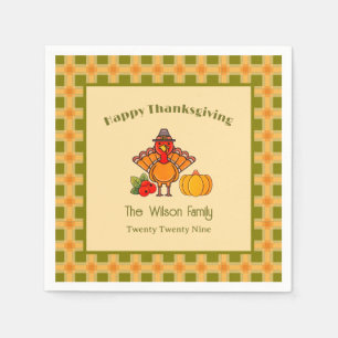 Happy Thanksgiving Turkey Pumpkin Gingham Pattern  Napkin