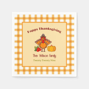 Happy Thanksgiving Turkey Pumpkin Gingham Pattern  Napkin