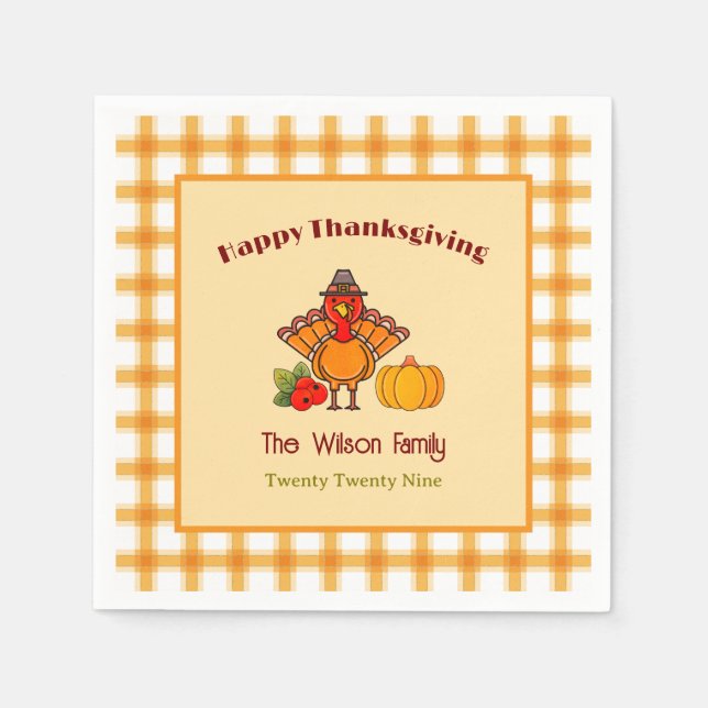 Happy Thanksgiving Turkey Pumpkin Gingham Pattern  Napkin (Front)