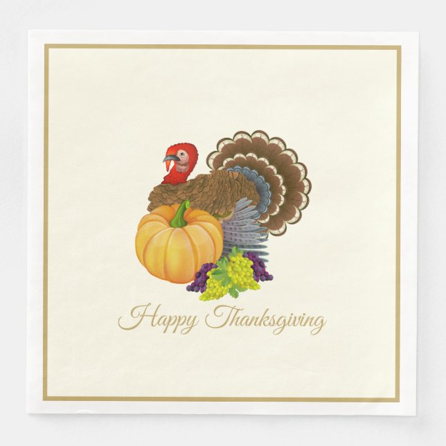 Happy Thanksgiving Turkey Pumpkin Grapes Party Napkin (Front)