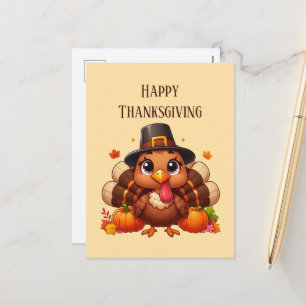 Happy Thanksgiving turkey pumpkins  Holiday Postcard