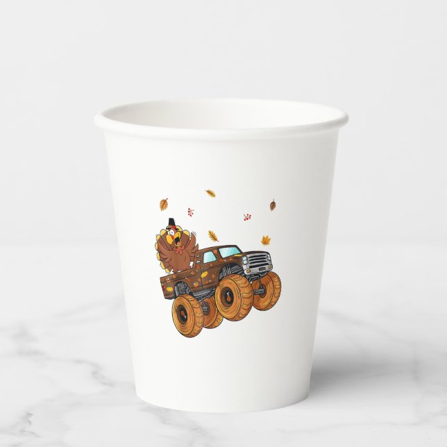 Happy Thanksgiving Turkey Riding Monster Truck Boy Paper Cups (Front)