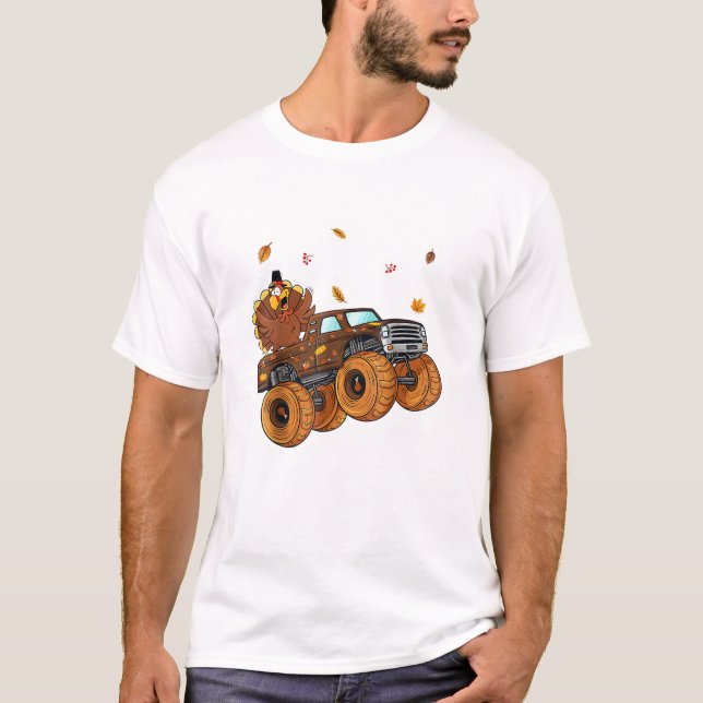 Happy Thanksgiving Turkey Riding Monster Truck Boy T-Shirt (Front)