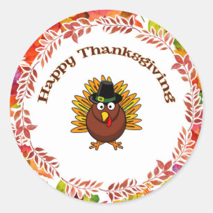 Happy Thanksgiving Turkey surrounded Fall Leaves Classic Round Sticker