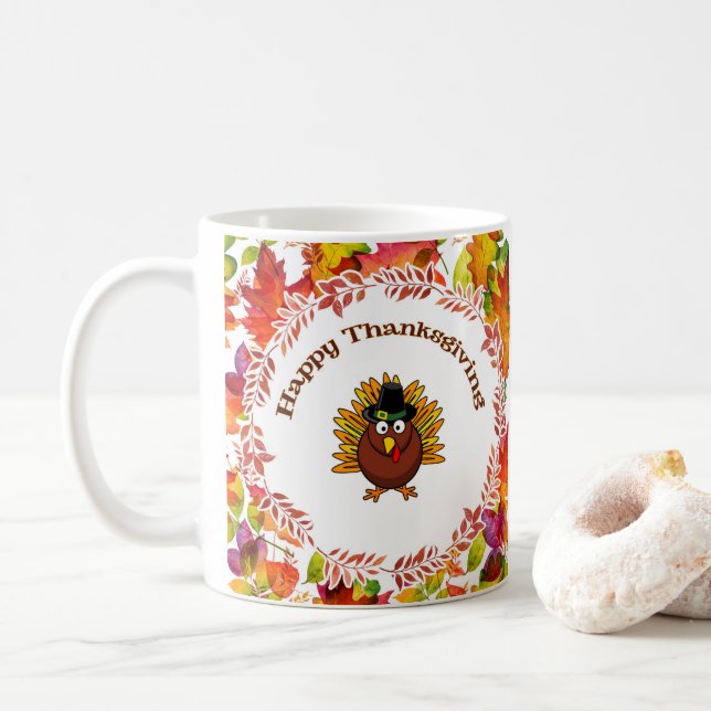 Happy Thanksgiving Turkey surrounded Fall Leaves  Coffee Mug (With Donut)