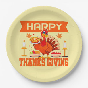 Happy Thanksgiving Turkey with Pie Large 9" Paper Plate