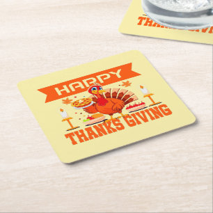 Happy Thanksgiving Turkey with Pie Square Paper Coaster