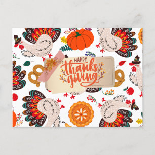 Happy Thanksgiving Turkeys and Pumpkins  Holiday Postcard