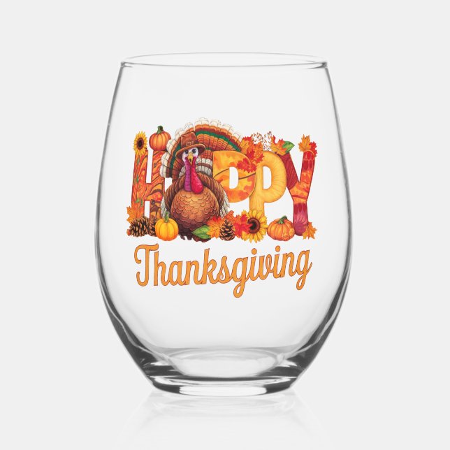 Happy Thanksgiving Turkeys Fall Stemless Wine Glass (Back)