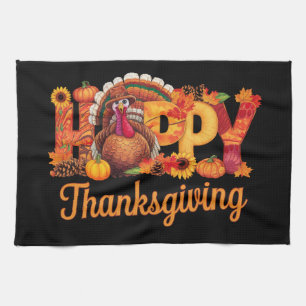 Happy Thanksgiving Turkeys Fall Tea Towel