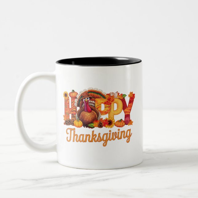Happy Thanksgiving Turkeys Fall Two-Tone Coffee Mug (Left)