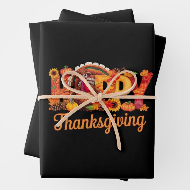 Happy Thanksgiving Turkeys Fall Wrapping Paper Sheet (In situ)