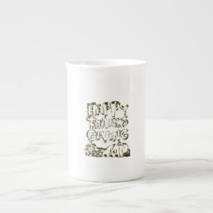 Happy Thanksgiving Typography Gold Harvest Pumpkin Bone China Mug