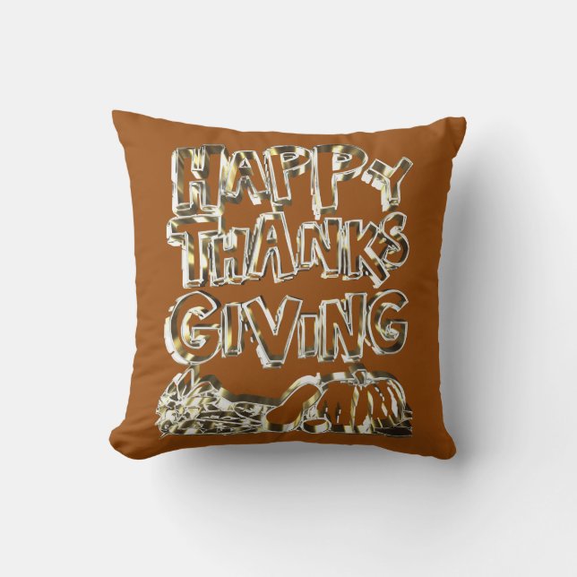 Happy Thanksgiving Typography Gold Harvest Pumpkin Cushion (Front)
