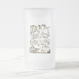 Happy Thanksgiving Typography Gold Harvest Pumpkin Frosted Glass Beer Mug