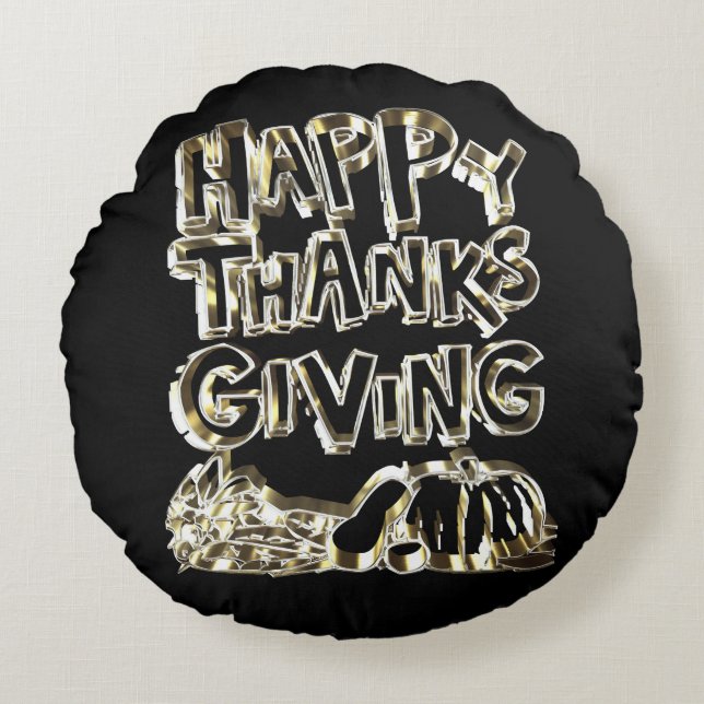 Happy Thanksgiving Typography Gold Harvest Pumpkin Round Cushion (Front)