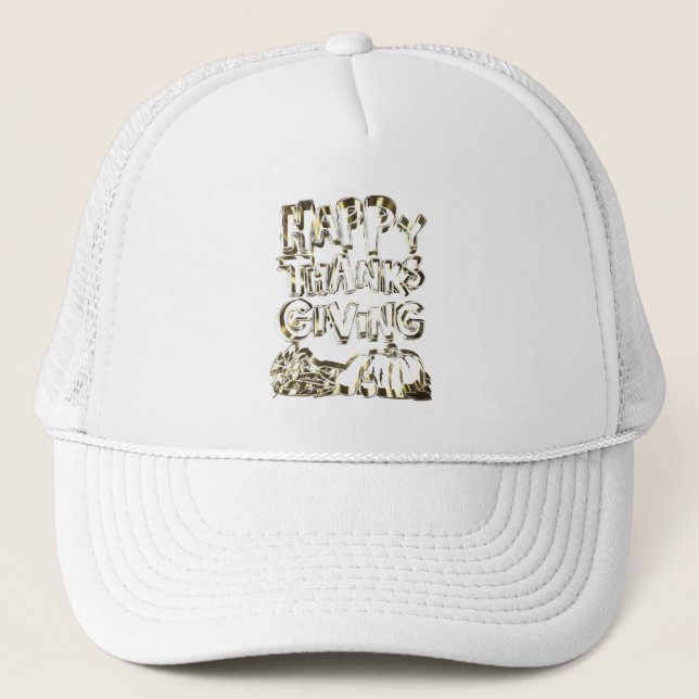 Happy Thanksgiving Typography Gold Harvest Pumpkin Trucker Hat (Front)