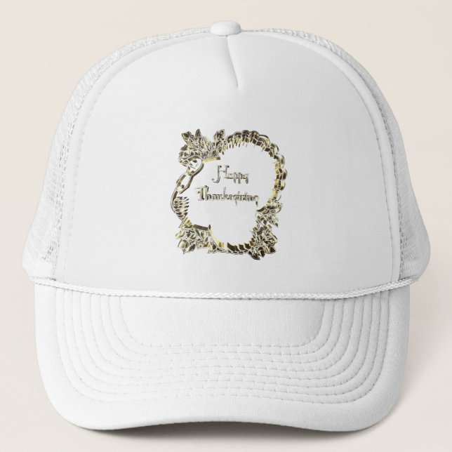 Happy Thanksgiving Typography Golden Turkey Trucker Hat (Front)