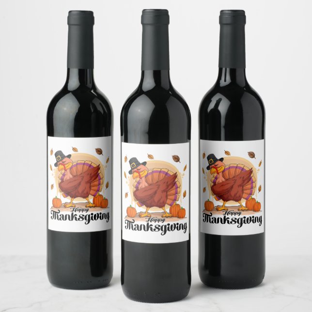 Happy Thanksgiving Typography Wine Label (Bottles)