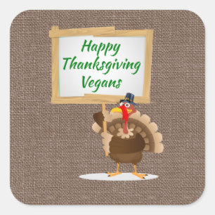 Happy Thanksgiving Vegans Turkey Country Burlap Square Sticker