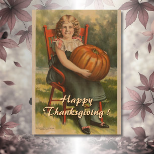 Happy Thanksgiving   Vintage Girl with Pumpkin Card