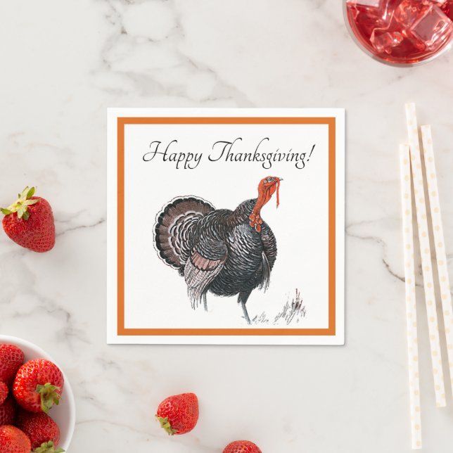 Happy Thanksgiving Vintage Turkey Drawing Napkin (Insitu)